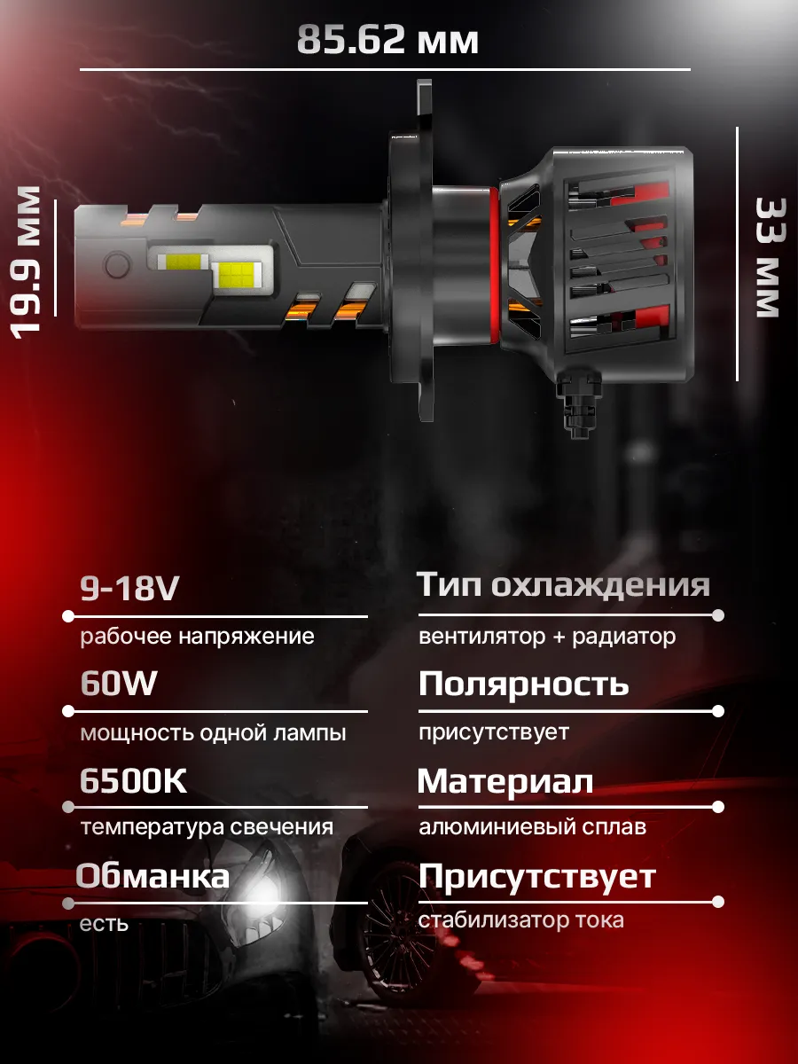 Светодиодная лампа T95 H4/H19